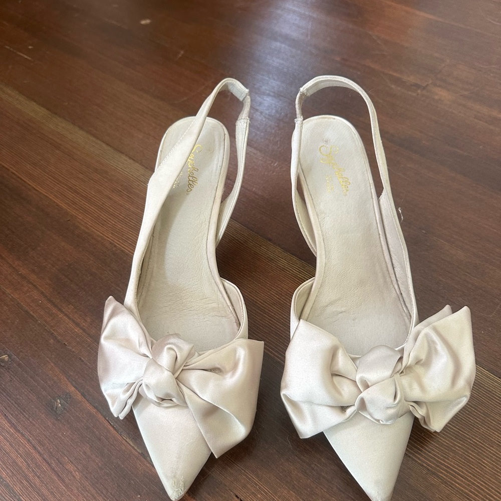 Seychelles Cream Satin Slingback Heels with Bow